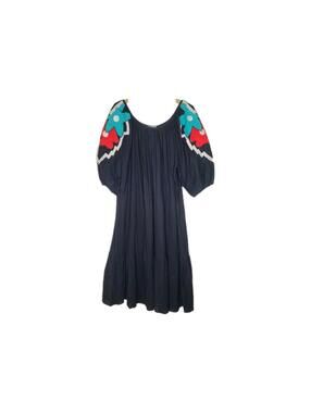 Vtg Black Cotton Crepe Caftan Flower Appliques Appel Plus Size O/S Beach Goth XL